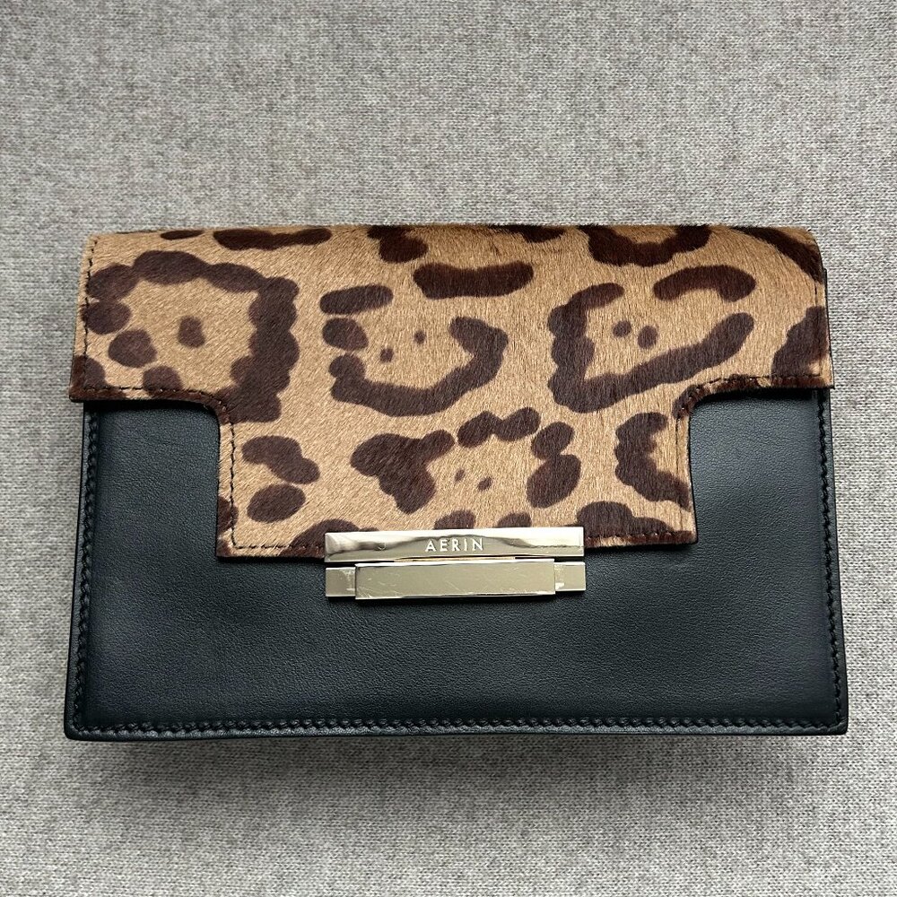 AERIN Leopard & Black Leather Clutch